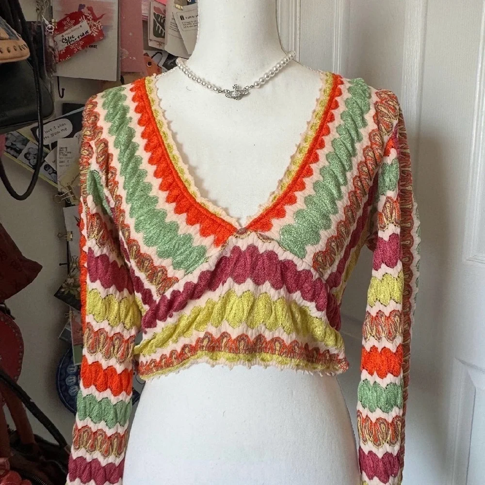 Free People Colorful Crochet V-Neck Long Sleeve Large